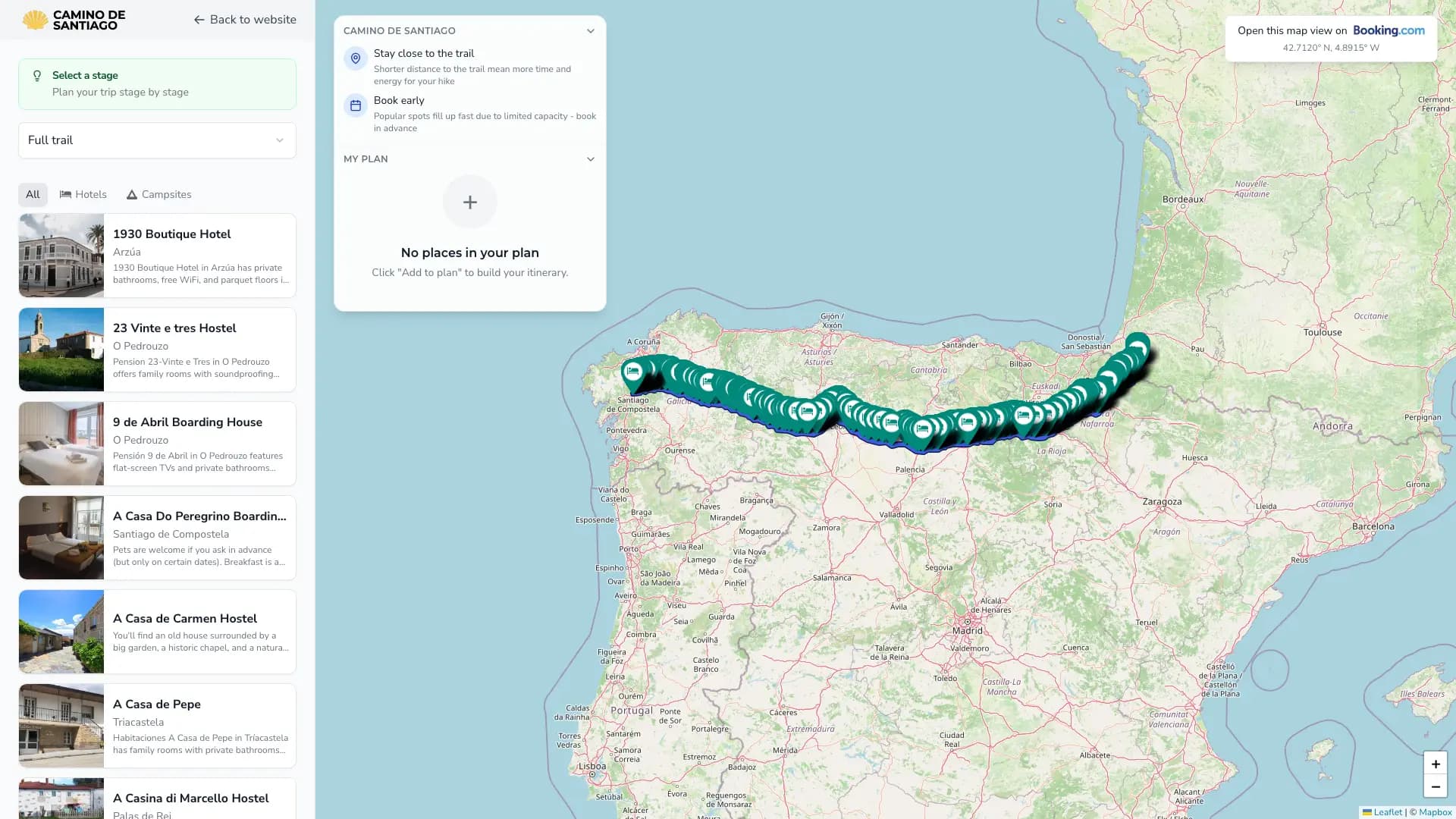 Planner map view with stages and accommodation along the trail